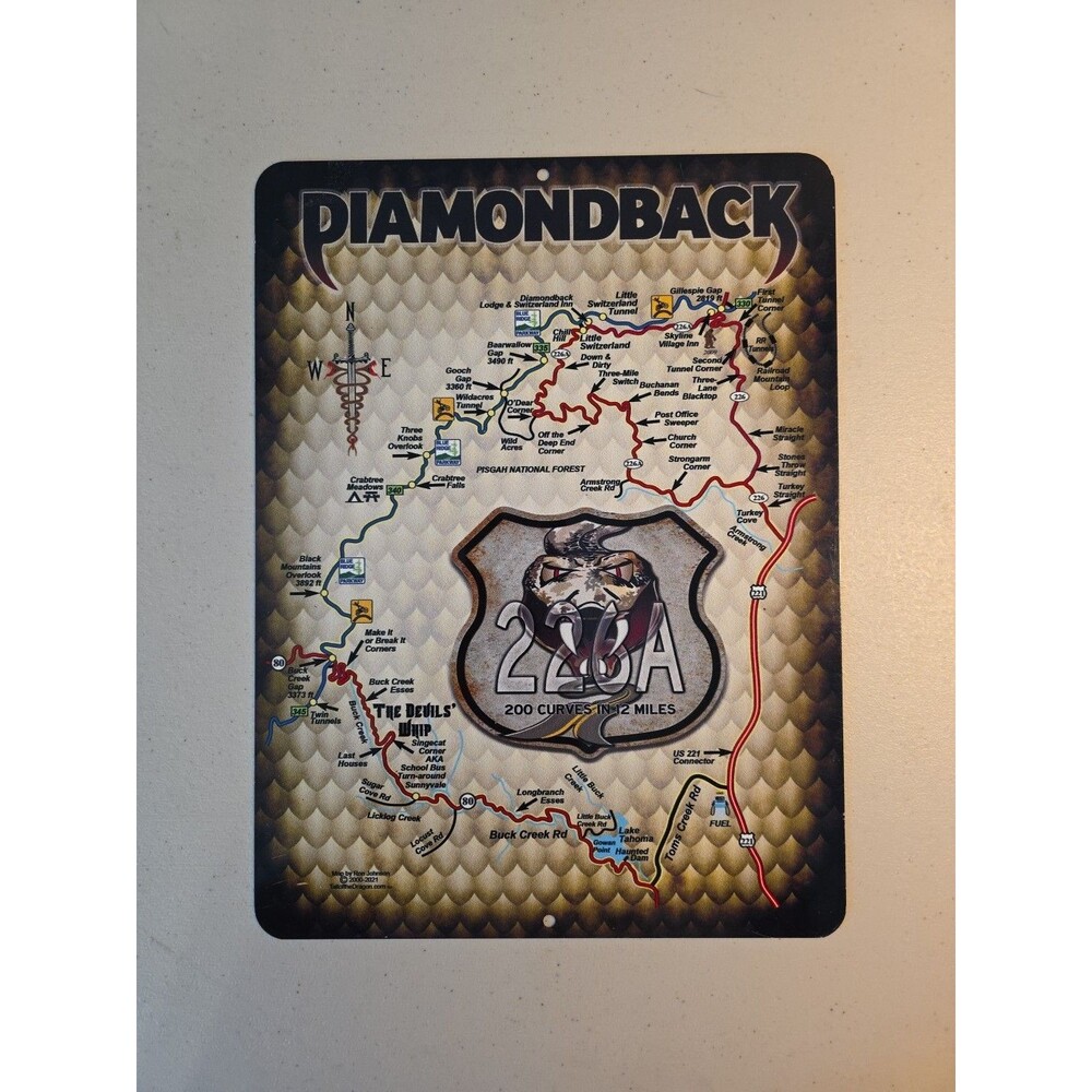 Diamondback Metal Sign Map 226A 200 Curves In 12 Miles - 9" x 12"